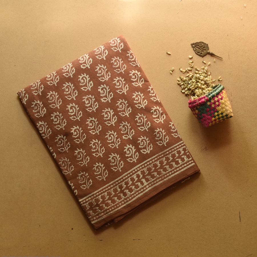 shop Bagru Printed Cotton Brown Saree