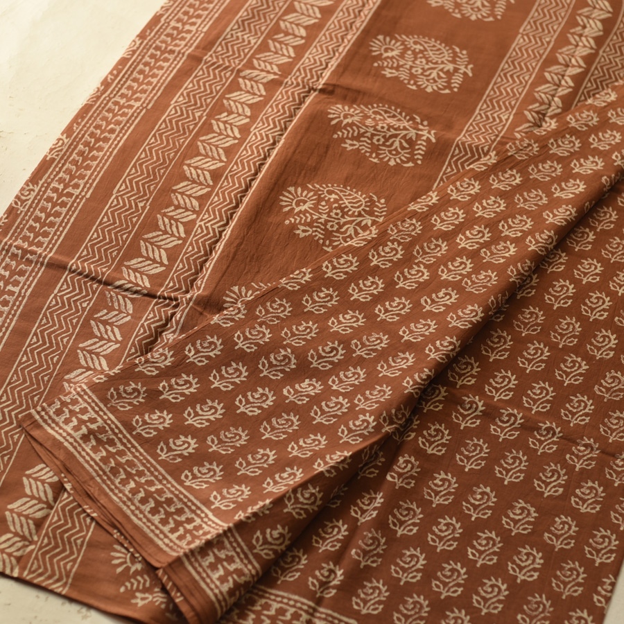 shop Bagru Printed Cotton Brown Saree
