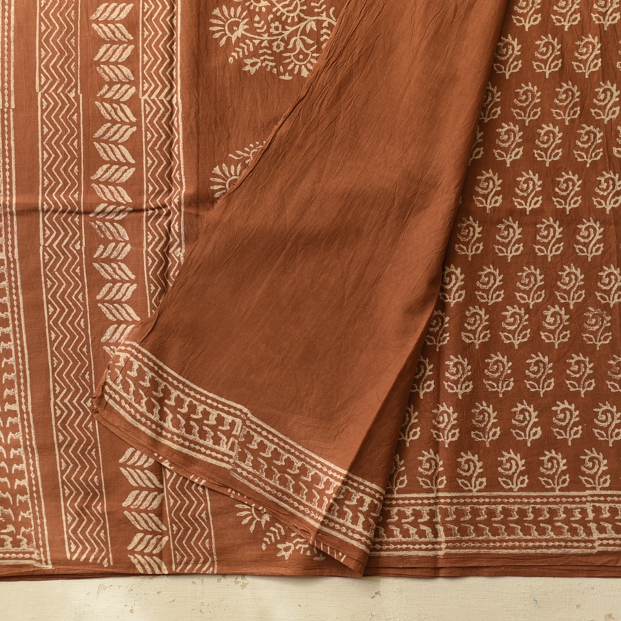 shop Bagru Printed Cotton Brown Saree