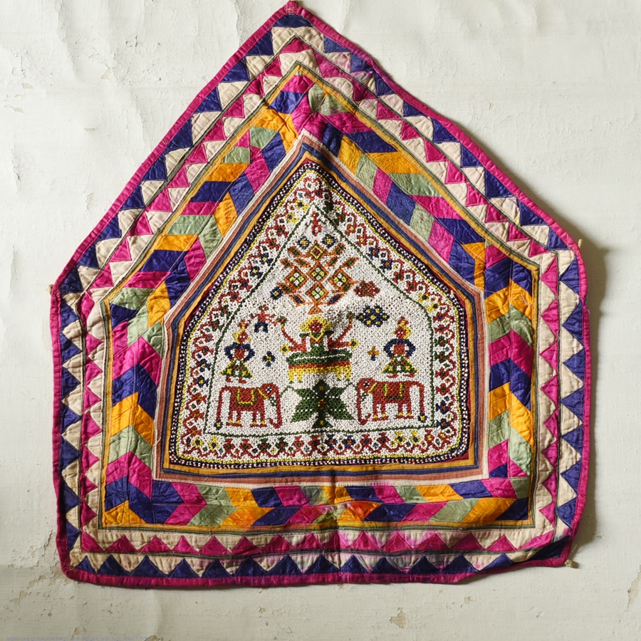 Gujrat Bead Work - Old & Antique Wall Hanging With Geometric Fabric Border - Laxmi