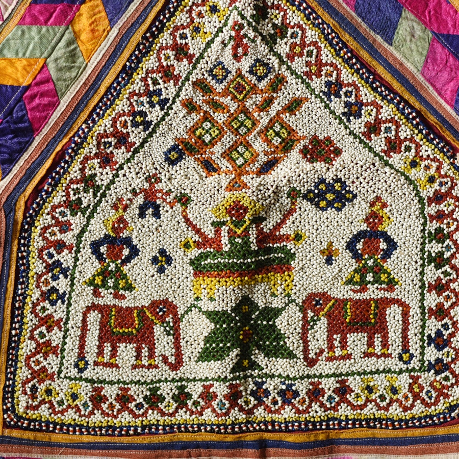 Gujrat Bead Work - Old & Antique Wall Hanging With Geometric Fabric Border - Laxmi