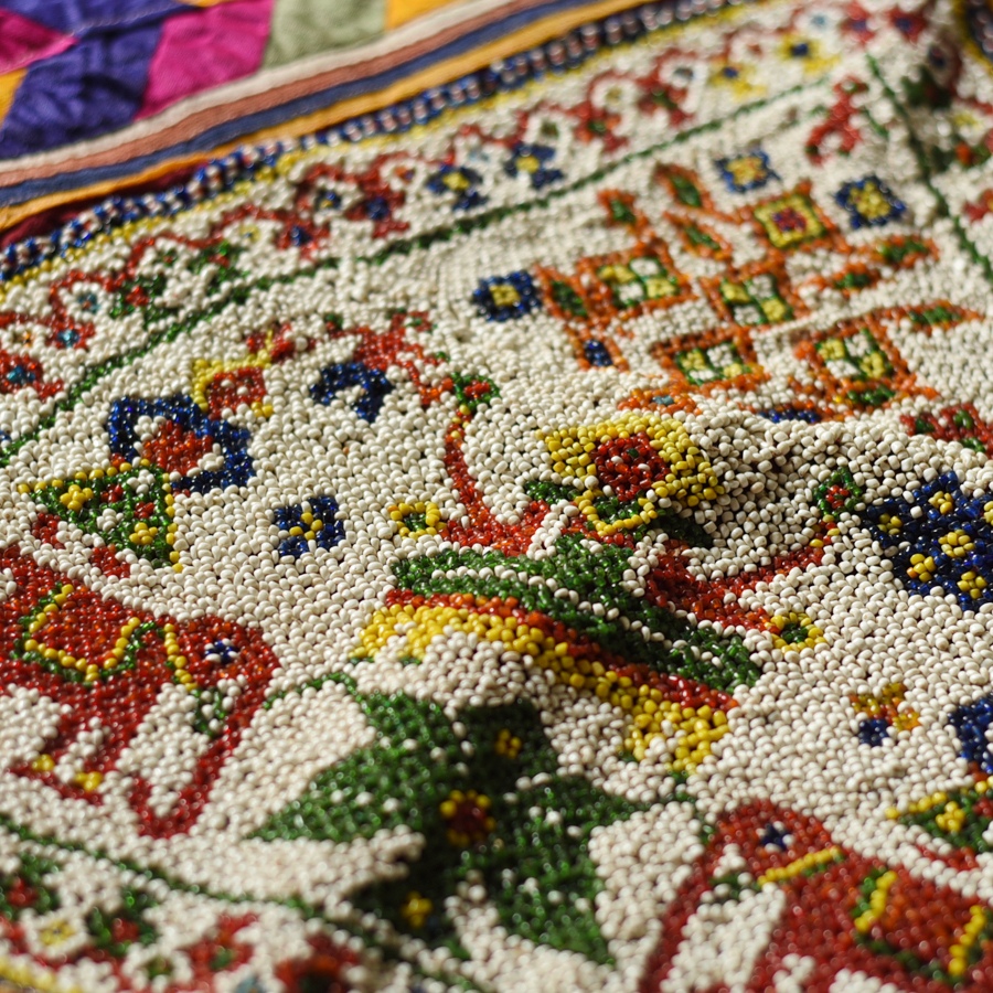 Gujrat Bead Work - Old & Antique Wall Hanging With Geometric Fabric Border - Laxmi