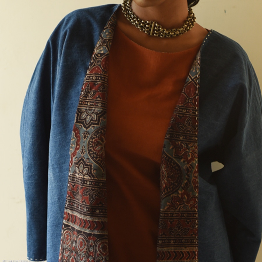 shop Reversible Ajrakh Block Printed & Denim Jacket  - Red