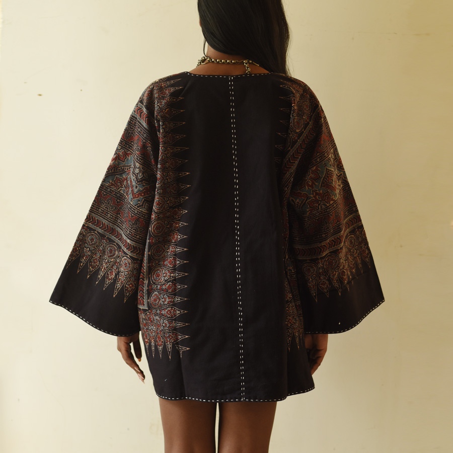 shop Reversible Ajrakh Block Printed & Denim Jacket  - Red