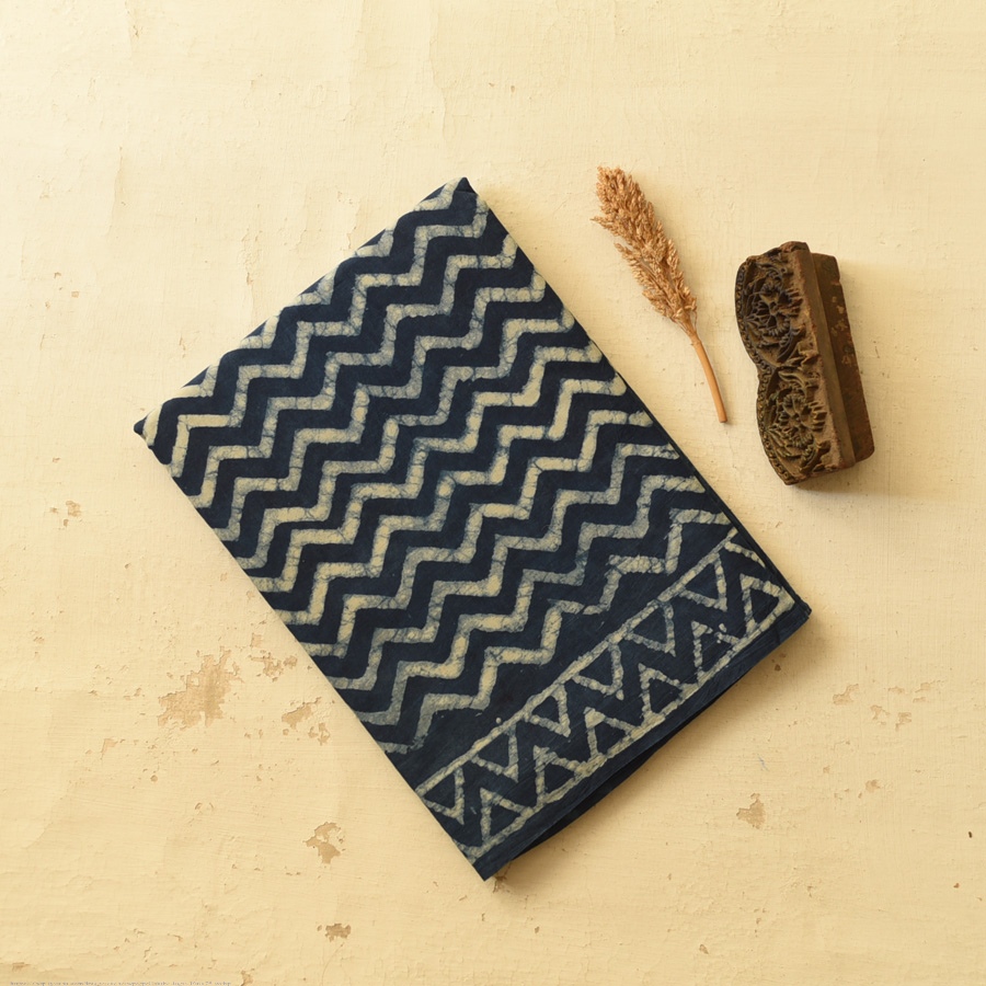 Exclusive Block Printed Cotton Dabu ~ Indigo Zig zag Saree