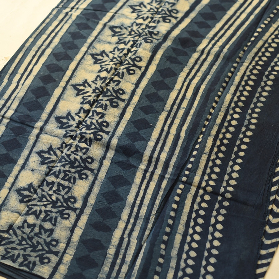 Exclusive Block Printed Cotton Dabu ~ Indigo Zig zag Saree