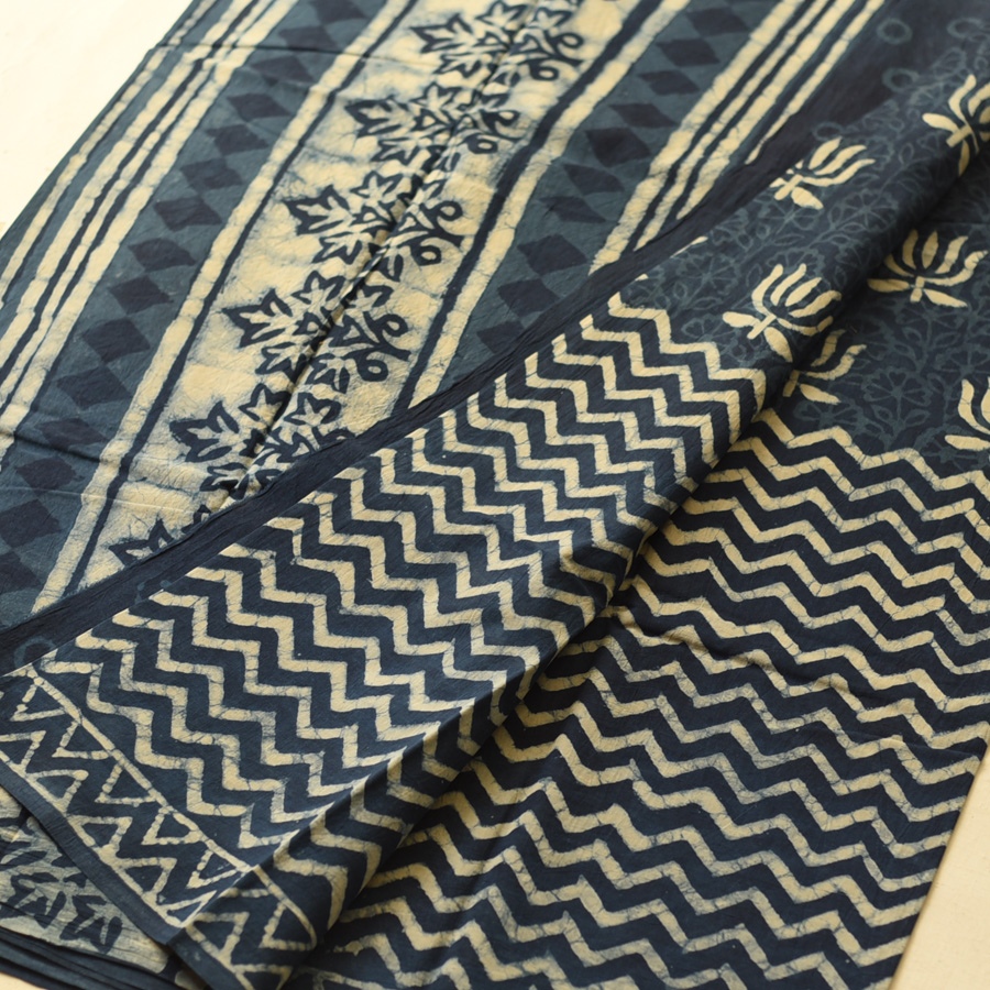 Exclusive Block Printed Cotton Dabu ~ Indigo Zig zag Saree