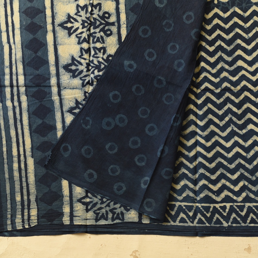 Exclusive Block Printed Cotton Dabu ~ Indigo Zig zag Saree