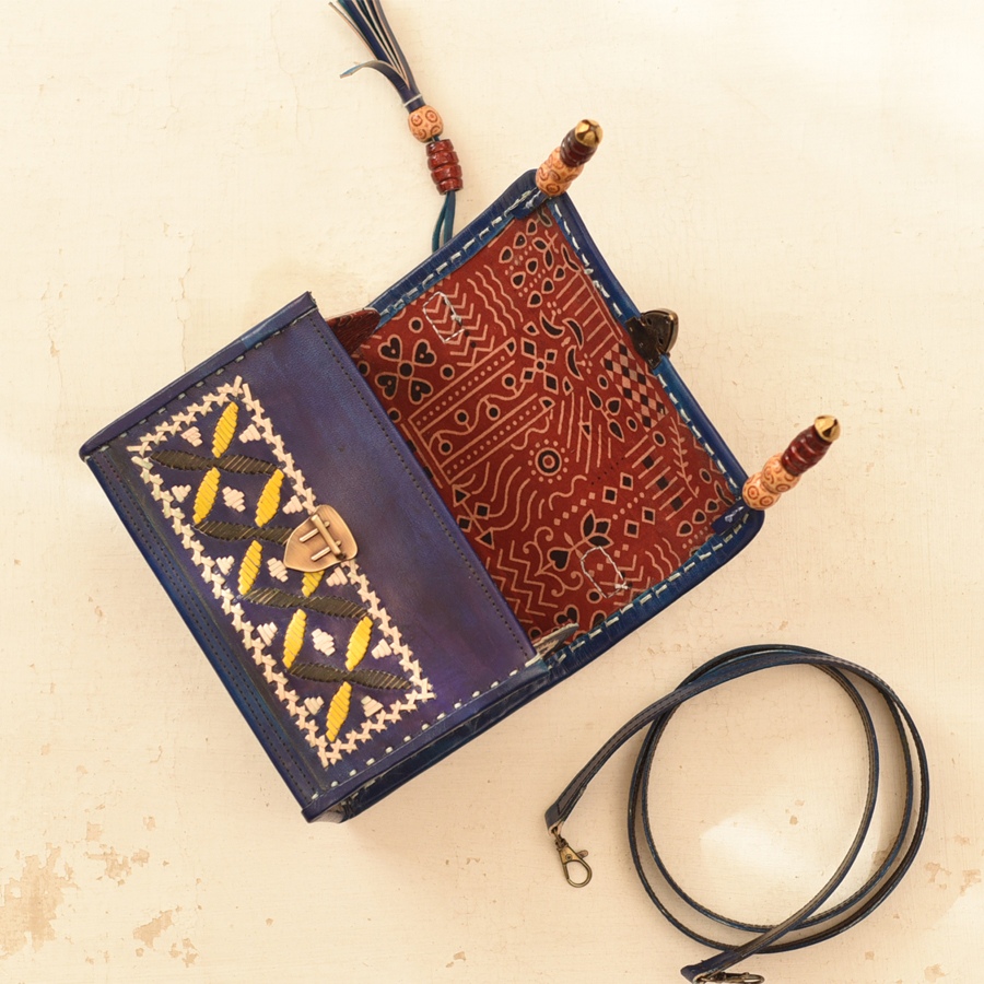 shop Kutchi Embroidered Leather Sling Handbag