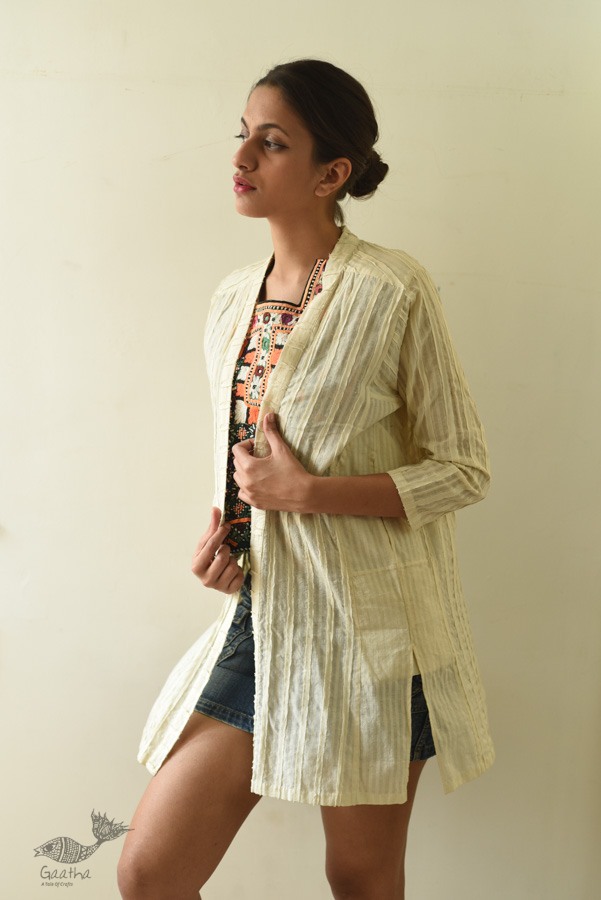 shop Handwoven Off White Cotton Self Checks Shrug