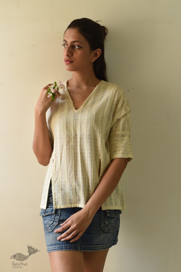 shop Handloom Self Checks Cotton - Off White Top