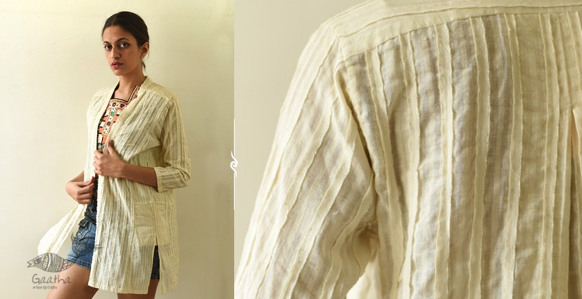 shop Handwoven Off White Cotton Self Checks Shrug