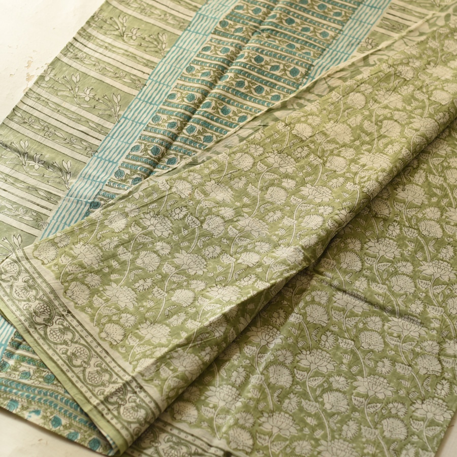 shop Bagru Printed Cotton - Flower Motif Saree