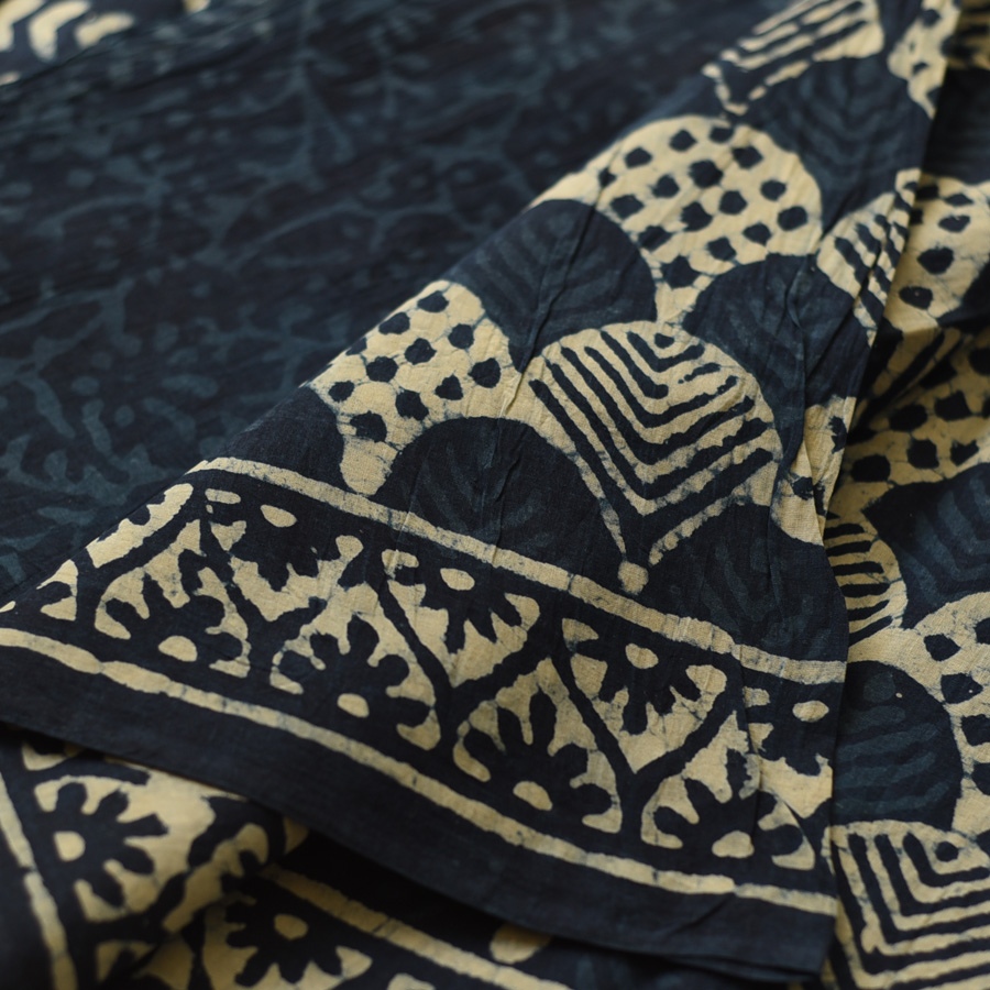 Exclusive Block Printed Cotton Dabu ~ blue Saree