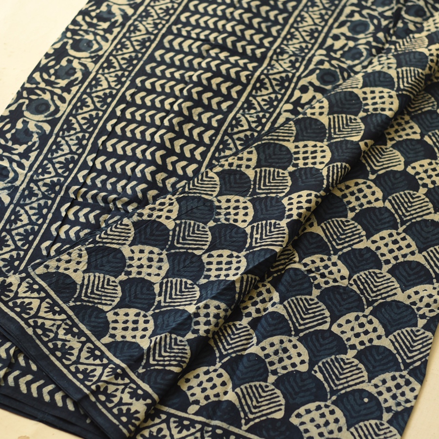 Exclusive Block Printed Cotton Dabu ~ blue Saree