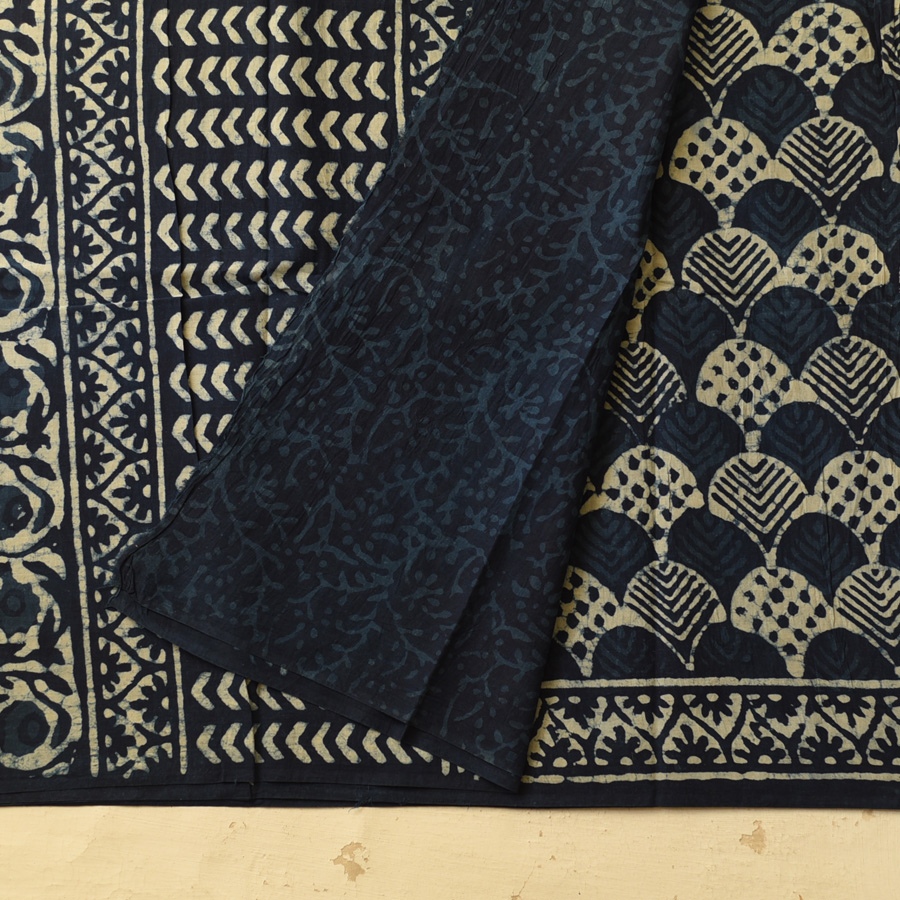 Exclusive Block Printed Cotton Dabu ~ blue Saree