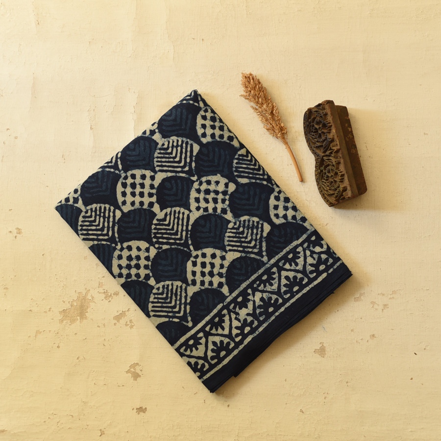 Exclusive Block Printed Cotton Dabu ~ blue Saree