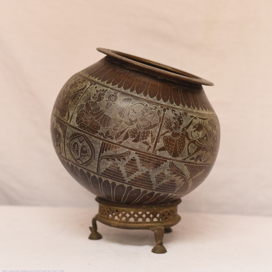 Shop Antique Brass Round Kalash With Stand from Khajuraho 