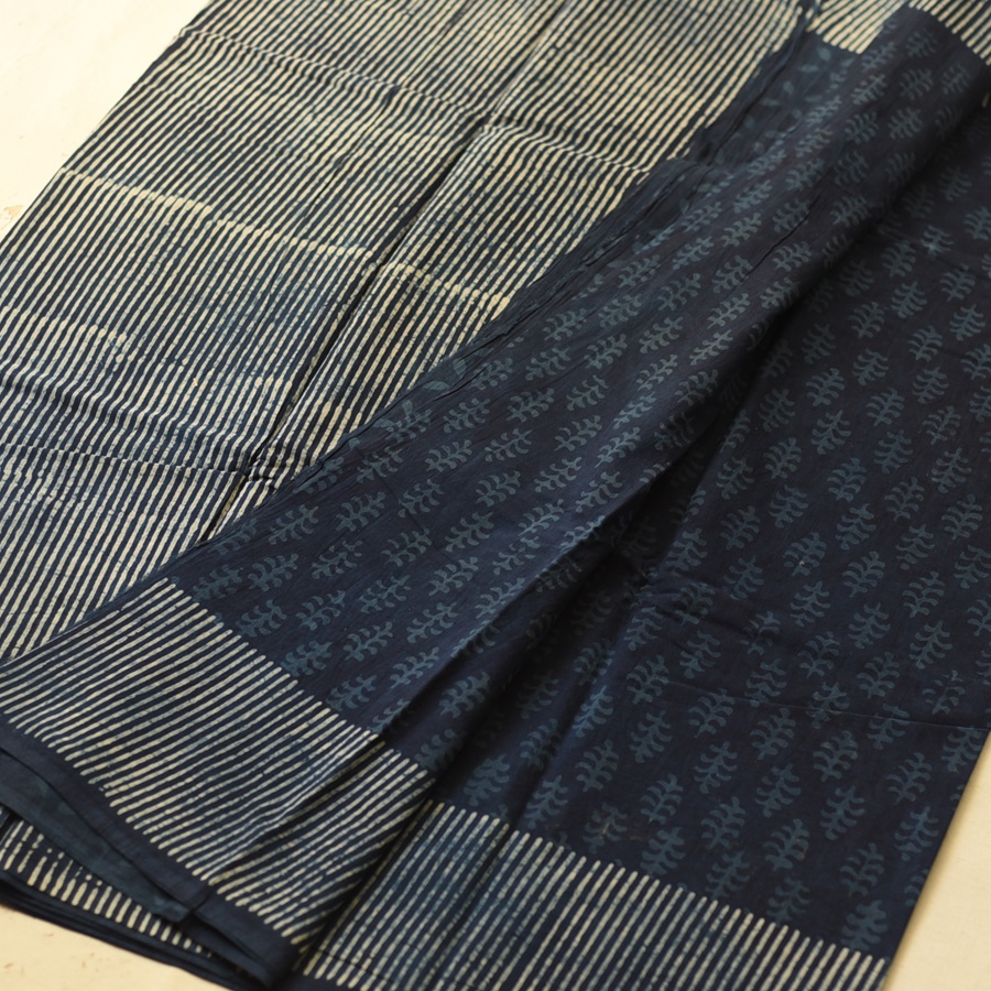 Exclusive Dabu Block Printed - Cotton Indigo Saree