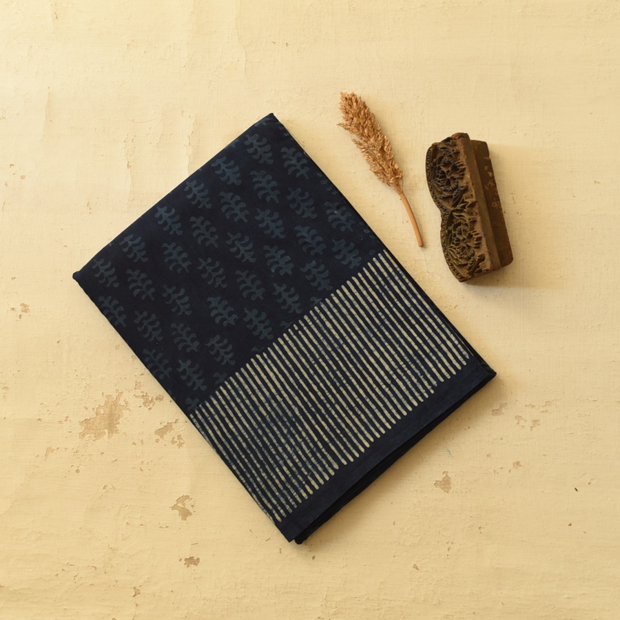 Exclusive Dabu Block Printed - Cotton Indigo Saree