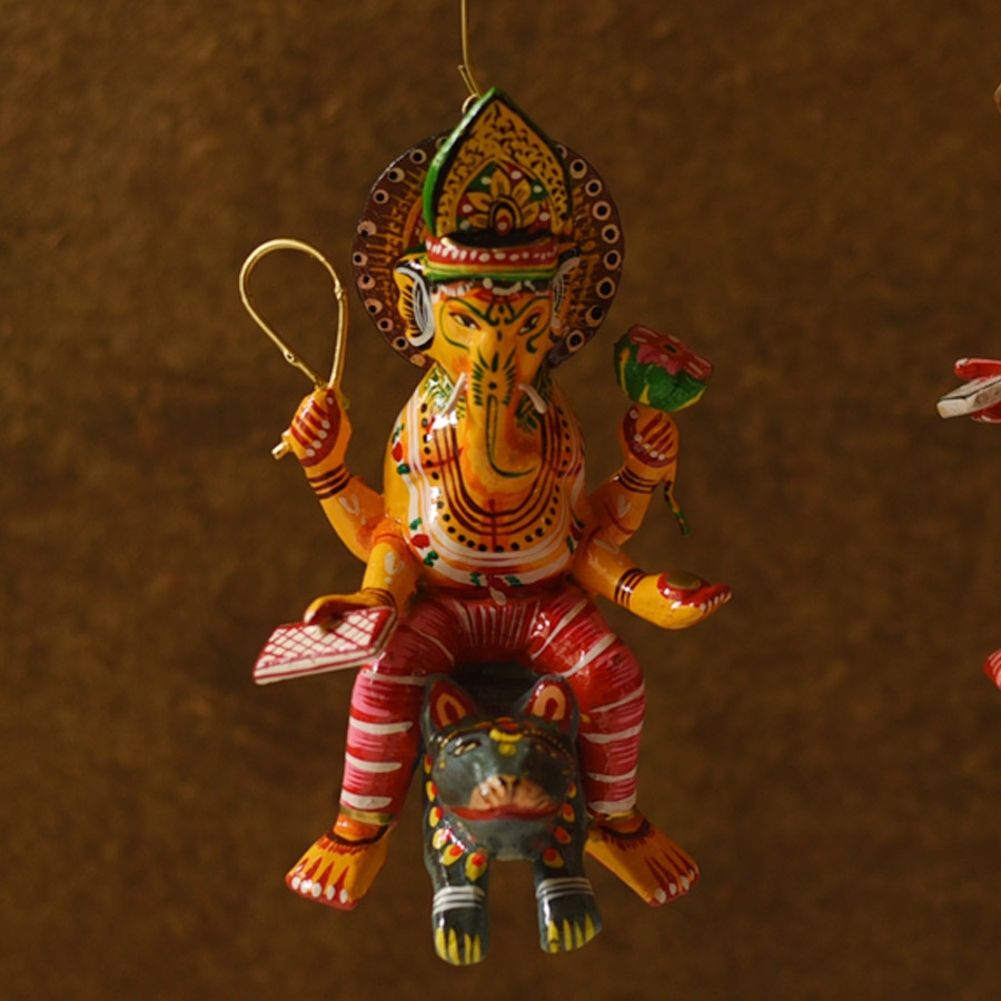 shop Handmade Wooden toy - Flying Ganesha on Mushak (Two Color Options)