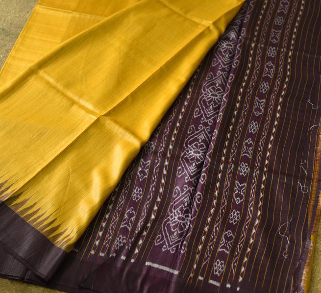 shop Handwoven Pure Tussar Silk Ikat Saree - Yellow & Brown 