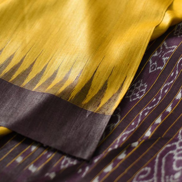 shop Handwoven Pure Tussar Silk Ikat Saree - Yellow & Brown 