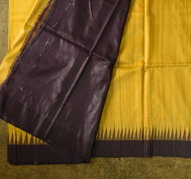 shop Handwoven Pure Tussar Silk Ikat Saree - Yellow & Brown 