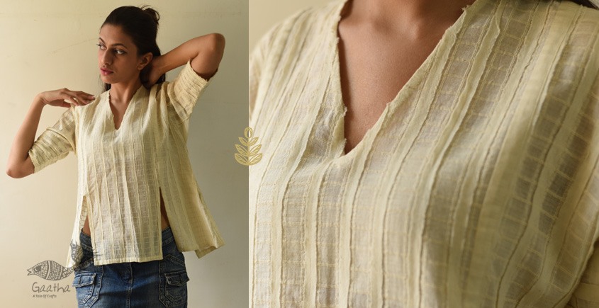 shop Handloom Self Checks Cotton - Off White Top