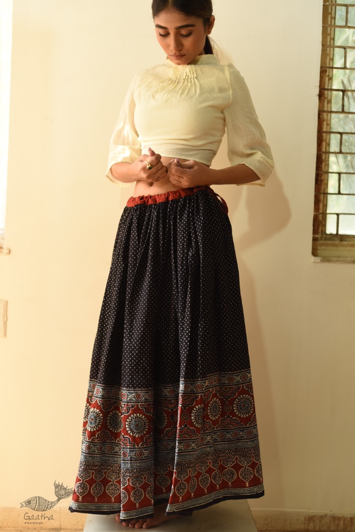 shop Ajrakh printed Long Skirt With Natural Dyed - Black & Red