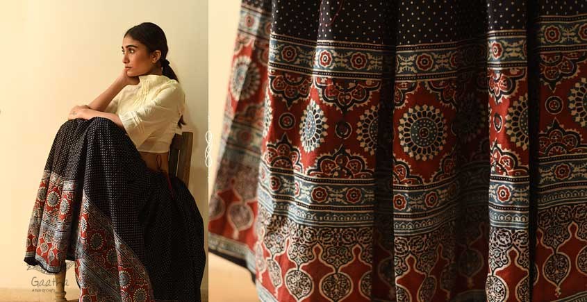 shop Ajrakh printed Long Skirt With Natural Dyed - Black & Red