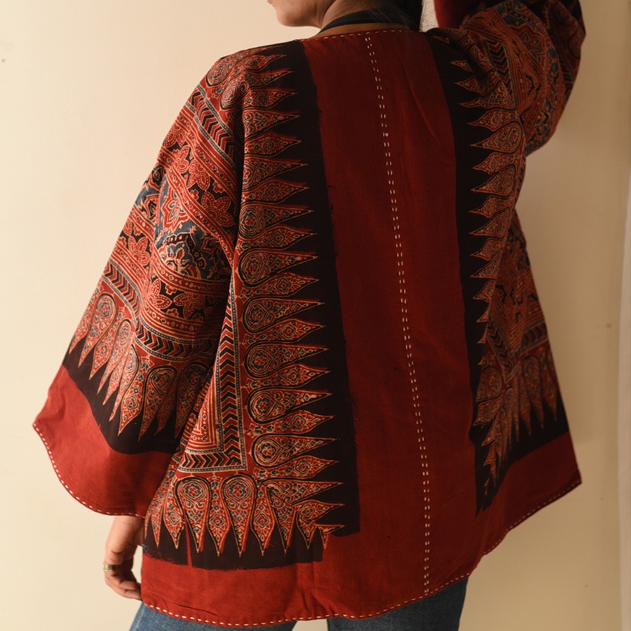 shop Reversible Ajrakh & Denim Red Jacket - Unisex