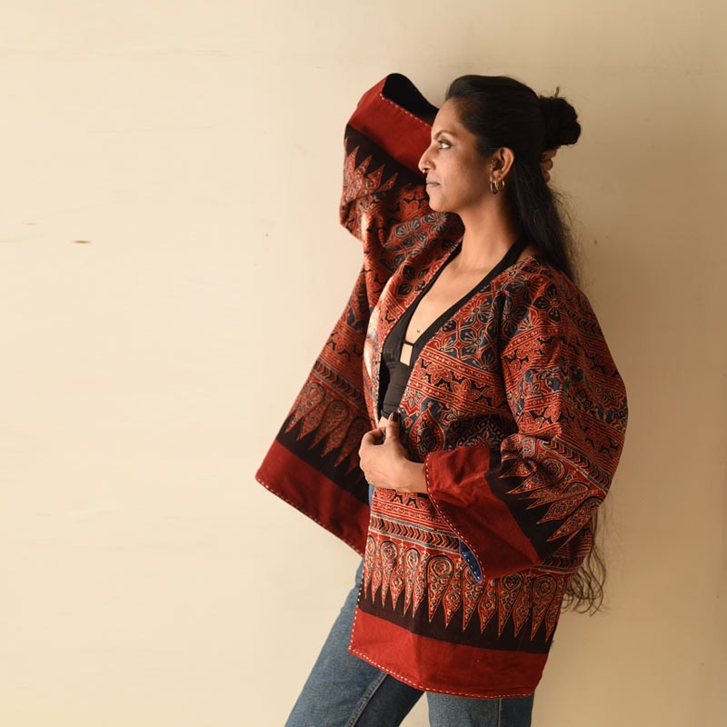 shop Reversible Ajrakh & Denim Red Jacket - Unisex