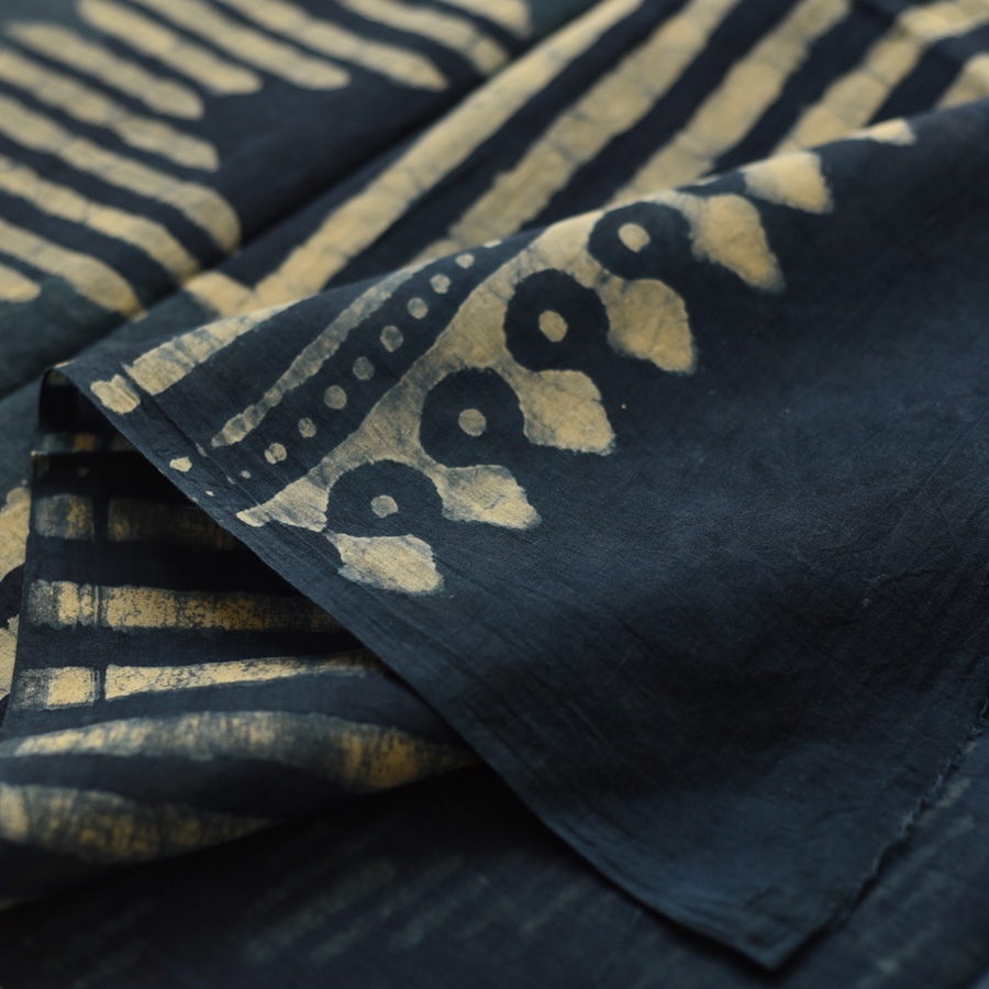 Exclusive Block Printed Cotton Dabu ~ Indigo Stripe Saree