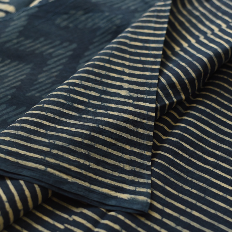 Exclusive Block Printed Cotton Dabu ~ Indigo Stripe Saree