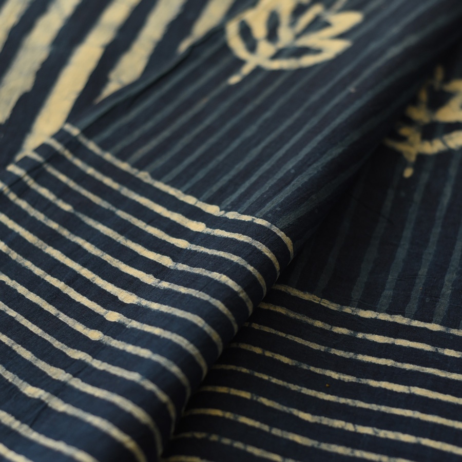 Exclusive Block Printed Cotton Dabu ~ Indigo Stripe Saree