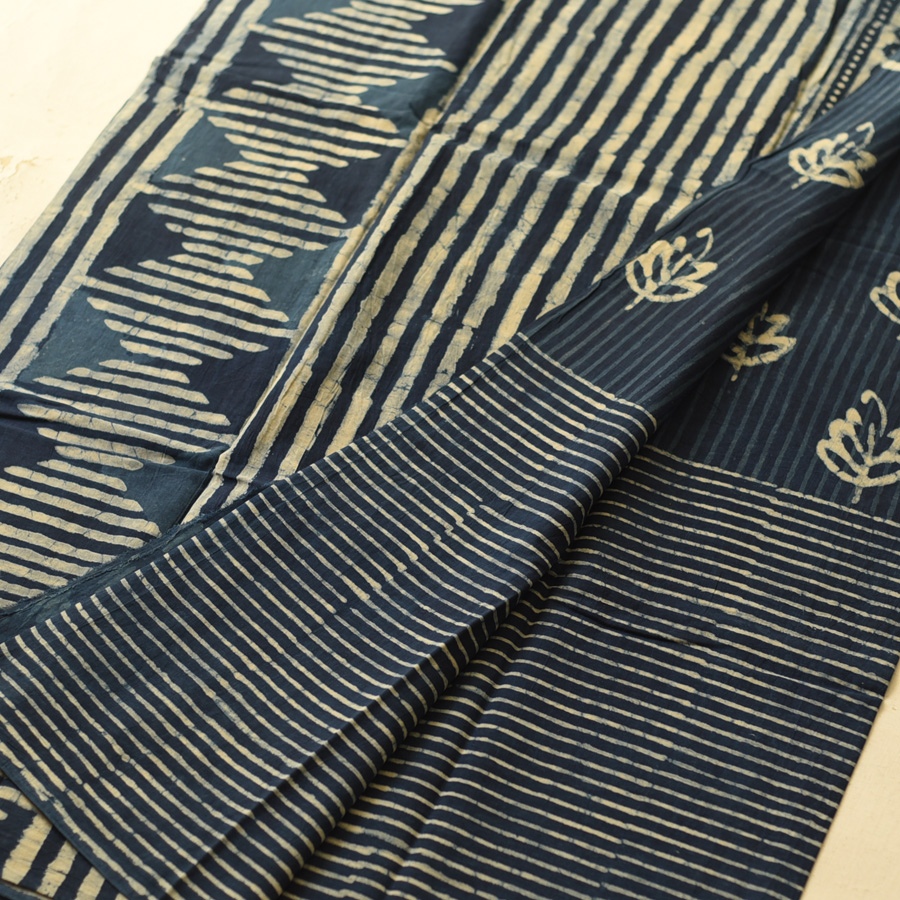 Exclusive Block Printed Cotton Dabu ~ Indigo Stripe Saree