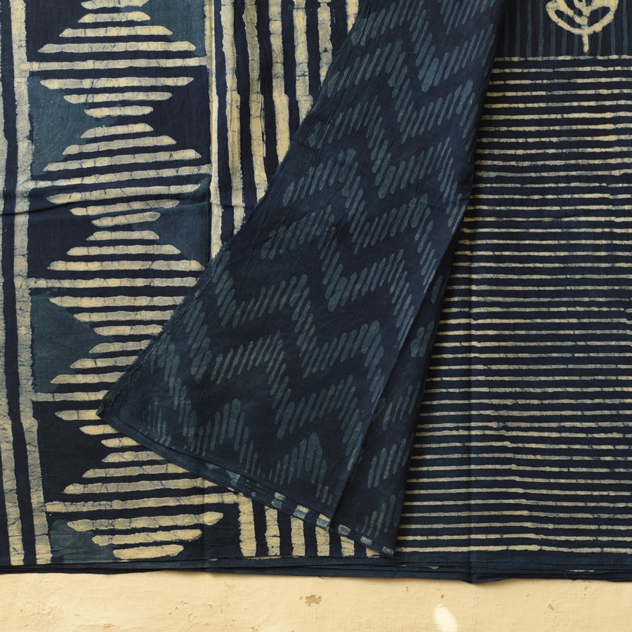 Exclusive Block Printed Cotton Dabu ~ Indigo Stripe Saree