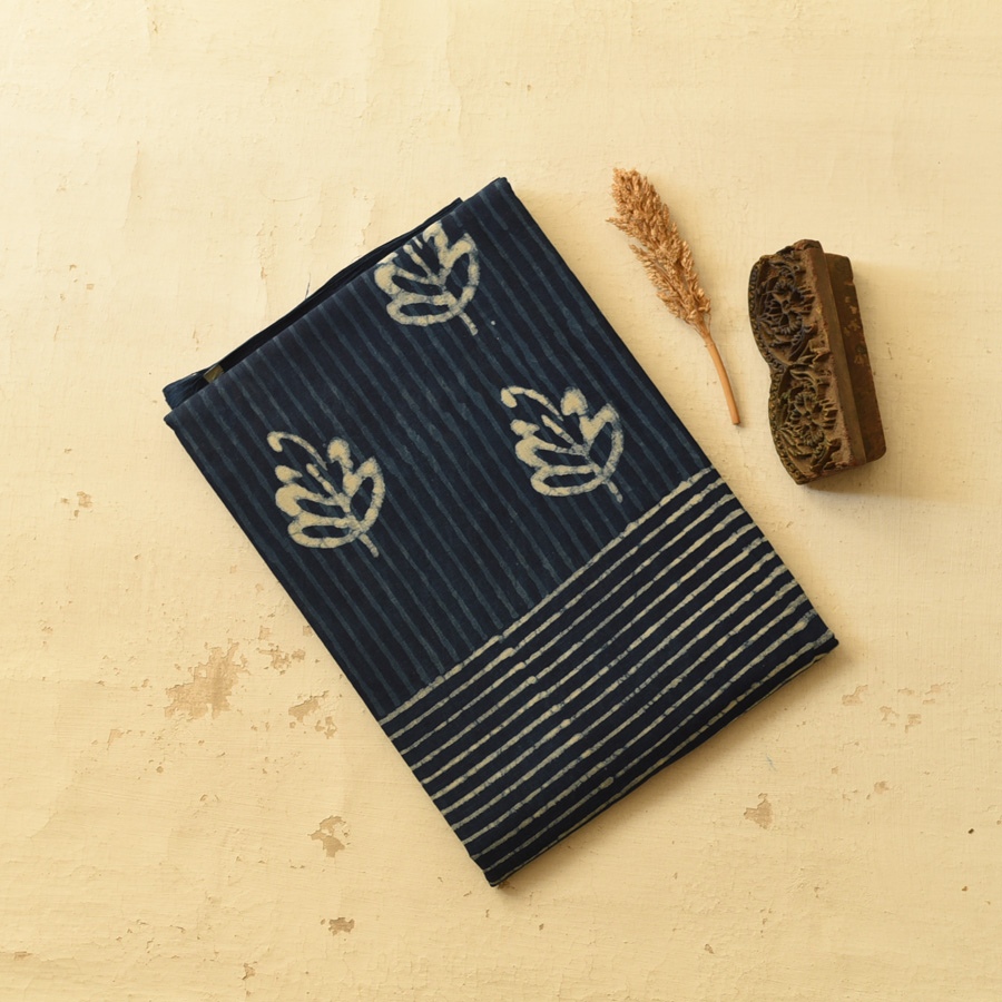 Exclusive Block Printed Cotton Dabu ~ Indigo Stripe Saree