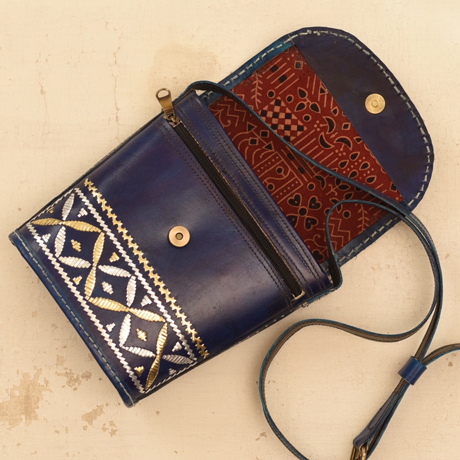 shop Kutchi Leather Sling Handbag / Purse - Blue