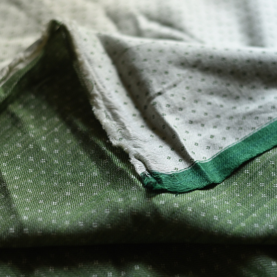 Hand Woven Fabric - Off White With Green Dots