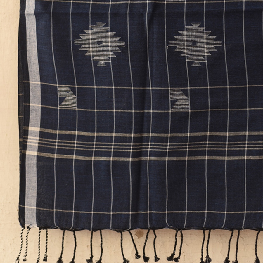 shop Handloom Soft Cotton Jamdani Stole  - Navy Blue