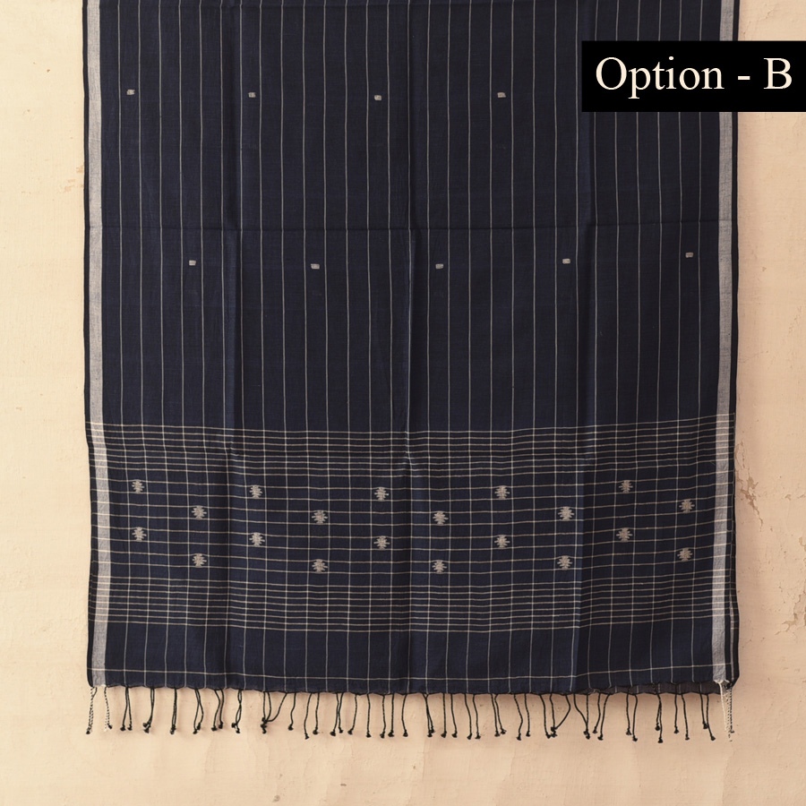 shop Handloom Soft Cotton Jamdani Stole  - Navy Blue