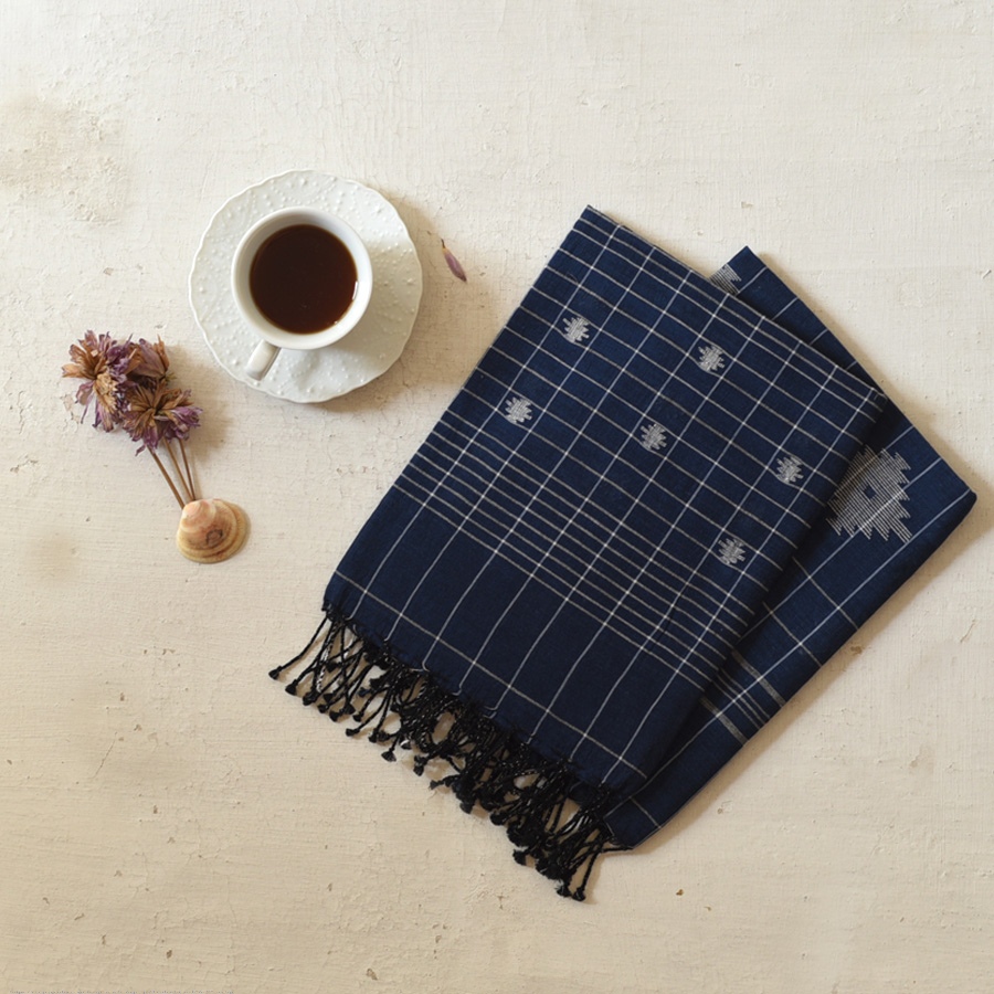 shop Handloom Soft Cotton Jamdani Stole  - Navy Blue