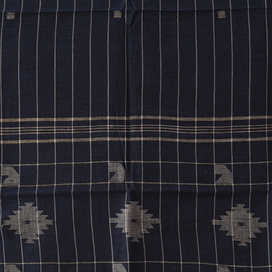 shop Handloom Soft Cotton Jamdani Stole  - Navy Blue