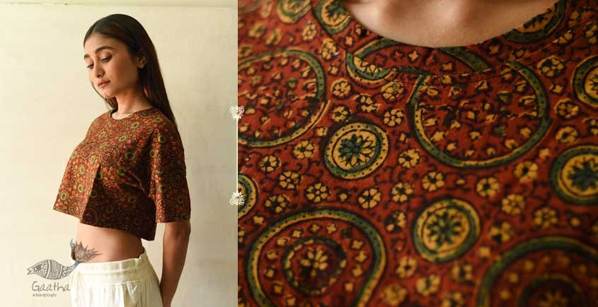 buy Natural Dyed Cotton Crop Top with Ajrakh Prints