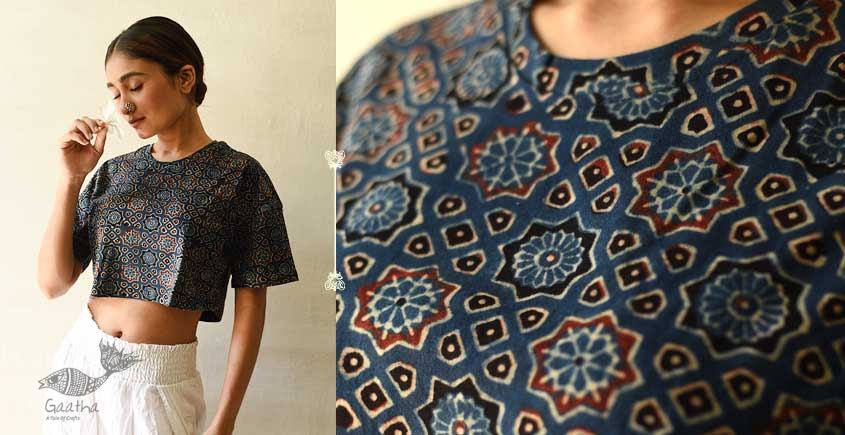 buy Vegetable Dyed Crop Top with Ajrakh Block Print