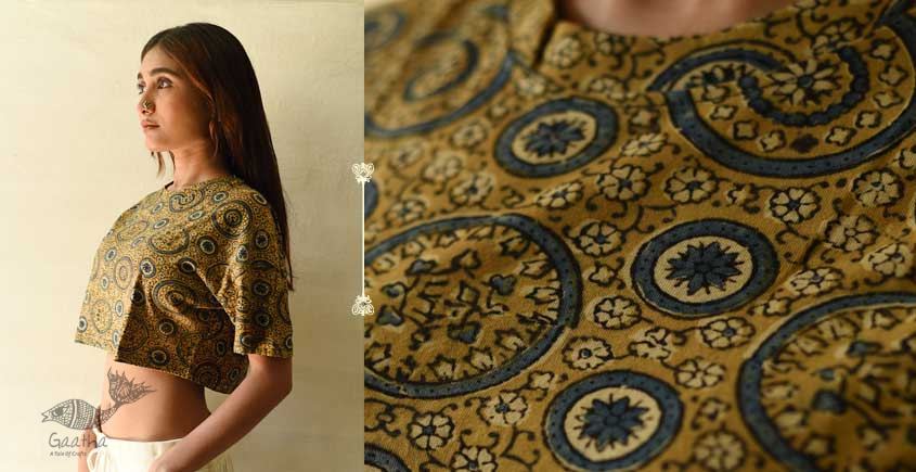 buy Yellow Cotton Crop Top - Vegetable Dyed Ajrakh Hand Printed