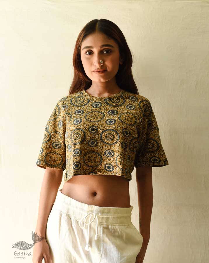 buy Yellow Cotton Crop Top - Vegetable Dyed Ajrakh Hand Printed