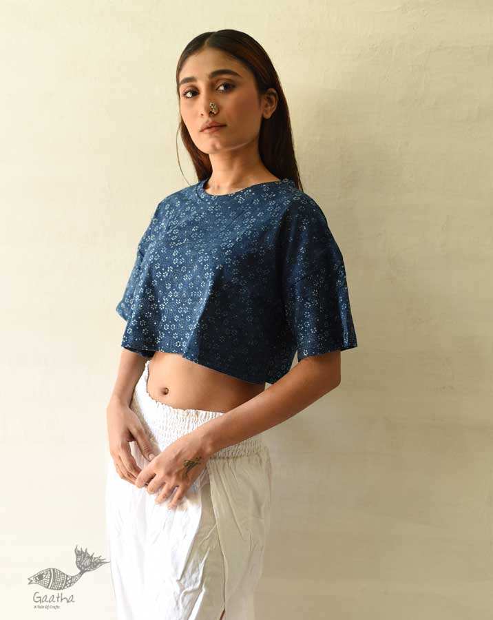 buy Vegetable Dyed Indigo Ajrakh Cotton Crop Top